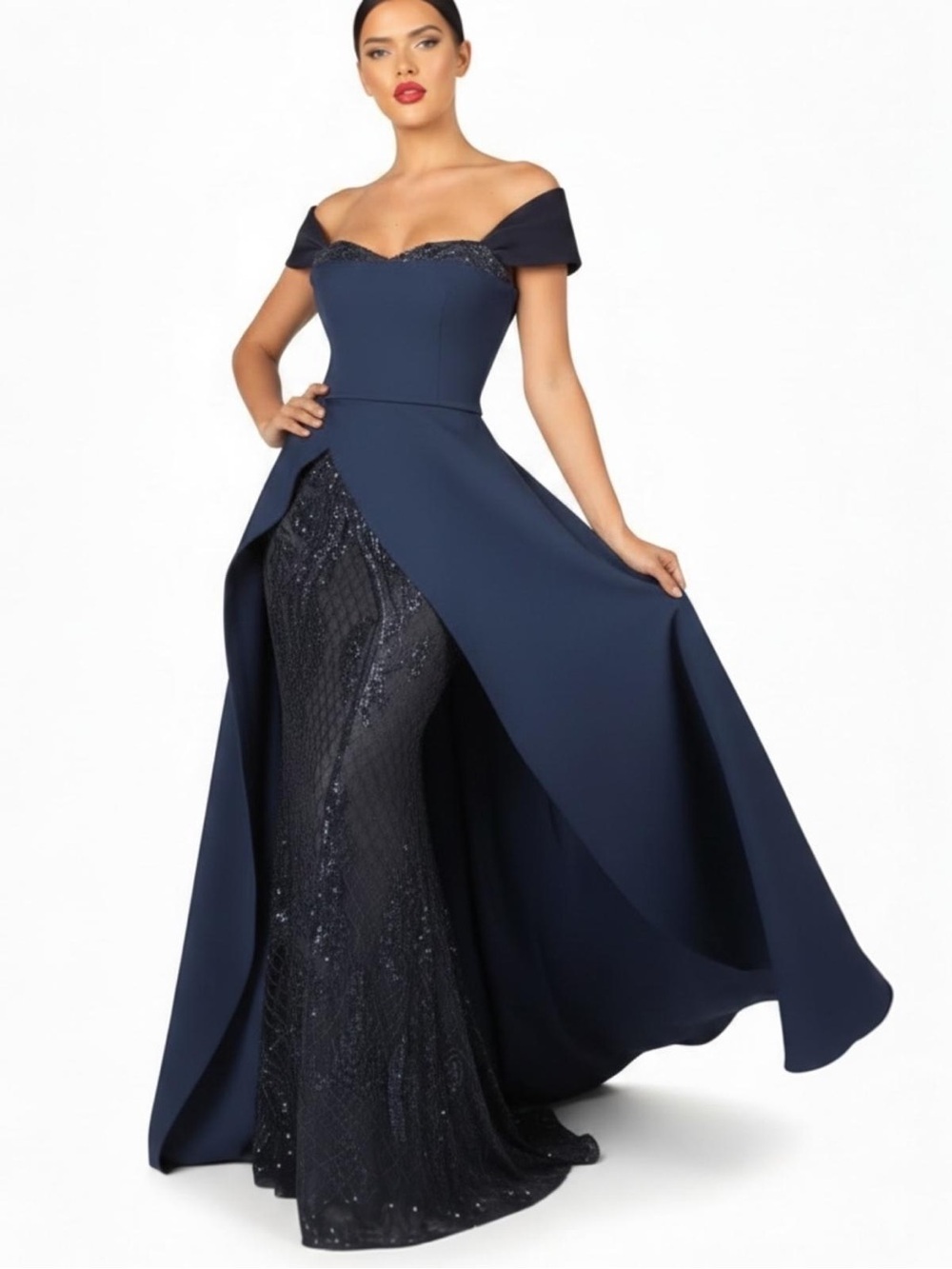 Nicole Bakti Style #7029 Women’s Off-Shoulder Sequin Overskirt Maxi Gown Size 8